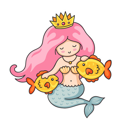 Cute princess mermaid with crown and two golden fish. Cartoon character. Vector illustration.のイラスト素材