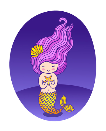 Beautiful mermaid with long purple wavy hair and starfish in hands. Vector round flat illustration.のイラスト素材