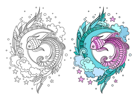 Hand drawn round composition of fish among seaweed. Doodle colored vector illustration for adult coloring book page, print, t-shirt, poster, card.のイラスト素材
