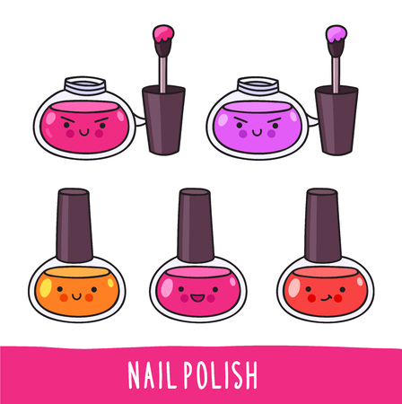 Nail polish. Set of cute cartoon doodle character with different facial expressions. Vector illustration.のイラスト素材