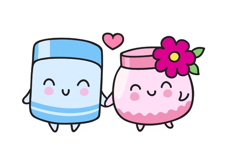 Cute cream jars. Male and female doodle cartoon characters. Sticker, pin, badge, logo and emblemのイラスト素材