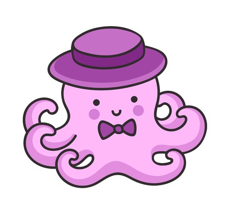 Cute little octopus in a hat, with bow-tie. Cartoon character. Vector illustration.のイラスト素材