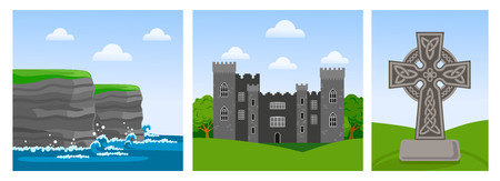 Cliffs of Moher in County Clare, Malahide castle, celtic cross. Travel to Ireland. Set of square vector flat illustrations.のイラスト素材