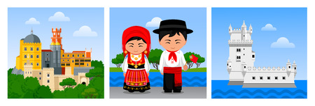 Travel to Portugal. People in traditional portuguese costumes, woman and man with national flag, Belem tower, Torre de Belem, Pena Palace, Palacio Nacional da Pena. Set of vector flat illustration.のイラスト素材