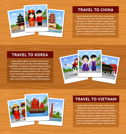 Travel to Asia. Set of horizontal web banners with place for text.China, South Korea, Vietnam. Photos with views Asia. Vector flat illustration.のイラスト素材