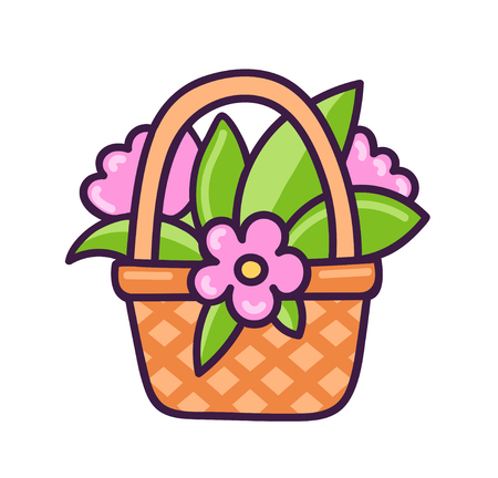 Basket with flowers. Cartoon sticker, pin, patch and print. Vector illustrationのイラスト素材