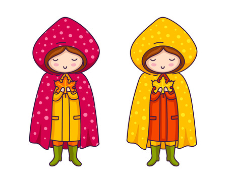 Cute little girls in raincoats with polka dots. Vector cartoon character.のイラスト素材