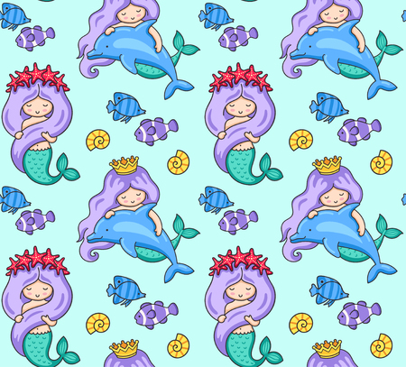 Seamless colorful pattern with mermaid and dolphins on a blue background. Under the sea. Print design for textile, fabric, postcard, posters, decor, greeting card. Vector illustration.のイラスト素材
