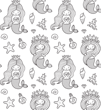 Seamless pattern with little princess mermaid, starfish, seashell. Under the sea. Print design for coloring book, textile, fabric, posters, paper, clothes and wallpaper.のイラスト素材