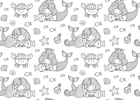 Seamless pattern with little lying mermaid, big fish, krabbe, crown. Print design for coloring book, textile, fabric, greeting cards, paper and wallpaper. Vector illustration.のイラスト素材