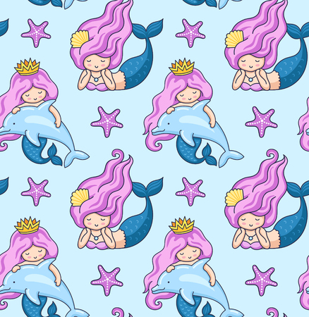 Seamless pattern with mermaid and dolphins on a blue background. Under the sea. Print design for textile, fabric, postcard, posters, decor, greeting card. Vector illustration.のイラスト素材