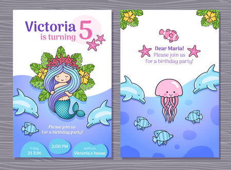 Cute birthday invitation card with little princess mermaid. Under the sea party. Vector cartoon illustration.のイラスト素材