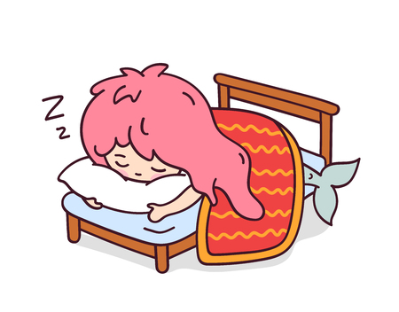 Little sleeping mermaid hugging a pillow. Cute cartoon character for emoji, sticker, pin, patch, badge. Vector illustration.のイラスト素材