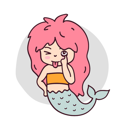Teasing mermaid sticking tongue out. Mermaid makes faces. Cute cartoon character for emoji, sticker, pin, patch, badge. Vector illustration.のイラスト素材