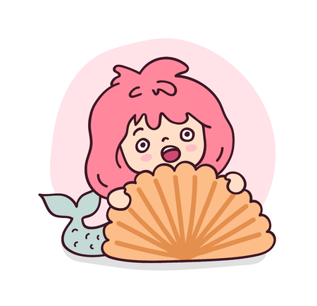 Scared mermaid hiding behind a big sea shell. Cute cartoon character for emoji, sticker, pin, patch, badge. Vector illustration.のイラスト素材