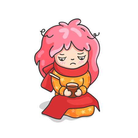 Sick girl with a thermometer and hot tea. Cute cartoon character for emoji, sticker, pin, patch, badge. Vector illustration.のイラスト素材