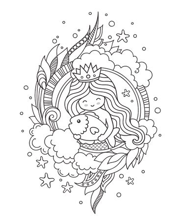 Portrait of little princess mermaid, hugging big fish. Beautiful girl, surrounded clouds and seaweed. Under the sea. Page for coloring book, illustration for print, poster, card, t-shirt.のイラスト素材