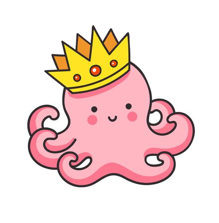 Cute pink octopus in a golden crown. King of the sea. Cartoon character. Vector illustration.のイラスト素材
