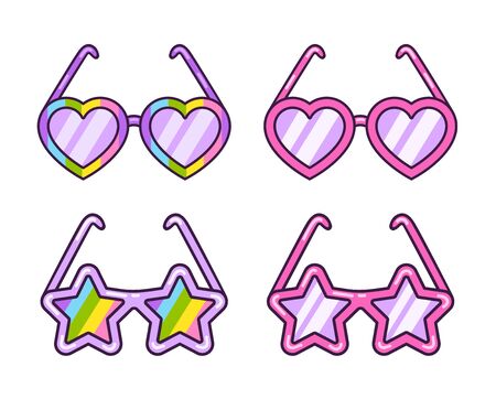 Set of sunglasses. Star shape, heart shape. Vector cartoon illustration.のイラスト素材