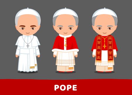 Pope. Ordinary and choir dresses. Vatican. Catholicism. Set of cartoon characters. Vector flat illustration.のイラスト素材