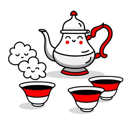 Cute teapot with teacups. cartoon characters. Tea party. Vector illustration.のイラスト素材