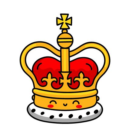 English golden crown with jewels. Royal symbol of UK monarchy. Cute cartoon character with smiley face. Vector illustration.のイラスト素材