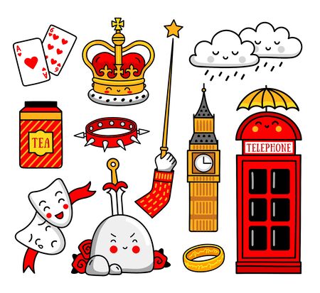 Set of cartoon english stickers, patches, badges, prints, pins. Cute vector illustration.のイラスト素材
