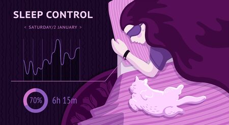 Sleep control concept. Woman character sleeping in bed, using sleep tracker and app, with white cat beside her. Vector flat illustration. Cartoon design.のイラスト素材