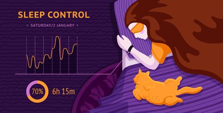 Sleep control concept. Girl with mask in a dark bedroom sleeping next to a big red cat. Top view. Vector flat cartoon illustration.のイラスト素材