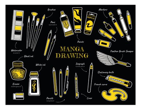 Collection of art supplies for drawing manga and comics. Black and white ink, liner, pen, brushes, markers, paints, feather brush sweeper, french curve. Vector flat illustration.のイラスト素材