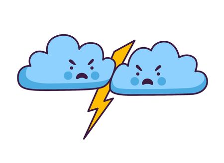 Thunder clouds are fighting. Thunder, lightning, storm. Cute cartoon character. Vector illustration.のイラスト素材