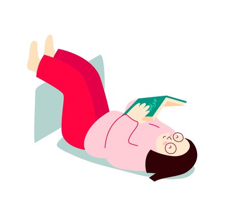 Girl is reading a book while lying on her back. Hand drawn vector flat illustration.のイラスト素材