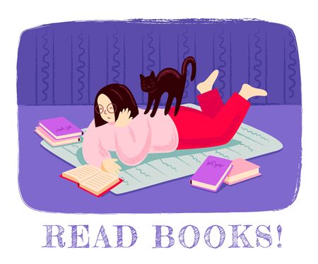Girl reading a book, lying on the floor, surrounded by books, with cat on her back. Modern hand drawn illustration, print, banner, poster, postcard, card for bookstore, bookshop, book fair.のイラスト素材
