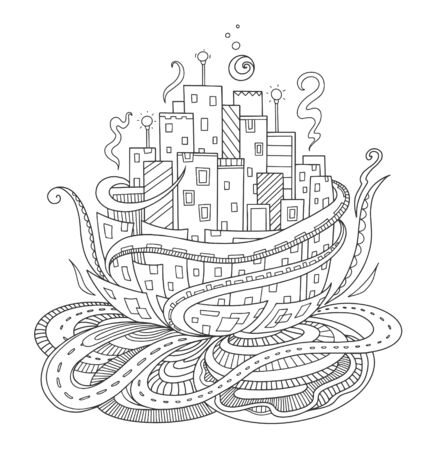 Fantasy city. Fairytale concept for adult coloring book, print, postcard. Vector outline illustration with doodle and  elements. Hand-drawn, stylized doodle composition.のイラスト素材
