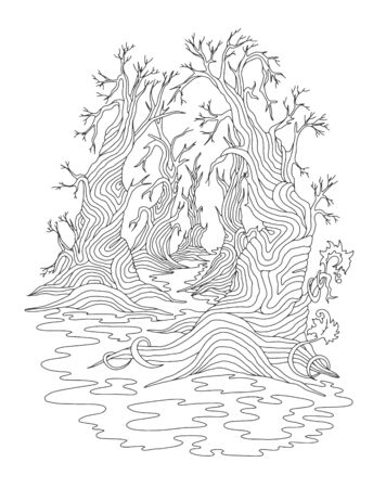 Fantastic gothic forest. Hand-drawn concept for adult coloring book, page, postcard, print. Vector outline illustration. Stylized doodle composition.のイラスト素材