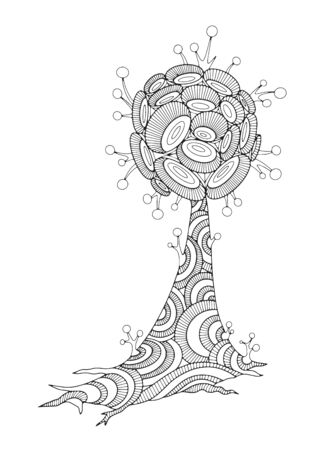 Fantastic alien tree, plant, flower. Concept for adult coloring book with doodle and  elements. Hand-drawn, stylized vector illustration.のイラスト素材