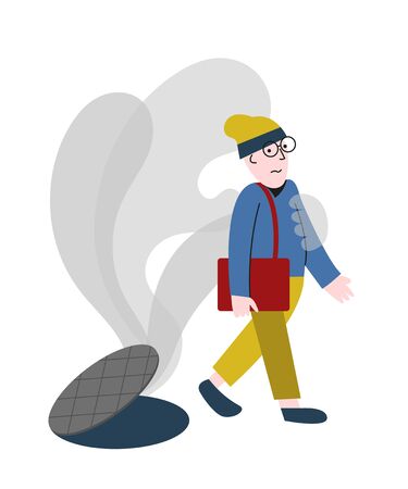 Mental disorder, paranoia feeling and panic problem. Young man panic attack metaphor concept. Vector flat illustration.のイラスト素材