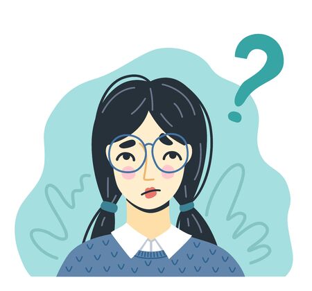 Portrait of thinking young girl in glasses, searching for ideas. Question concept. Hand-drawn character. Vector illustration.のイラスト素材