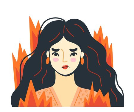 Overworked woman on the verge of psychological breakdown, surrouded by fire. Angry furious girl with wild disheveled hair. Stressed irritated person. Vector hand-drawn illustration.のイラスト素材