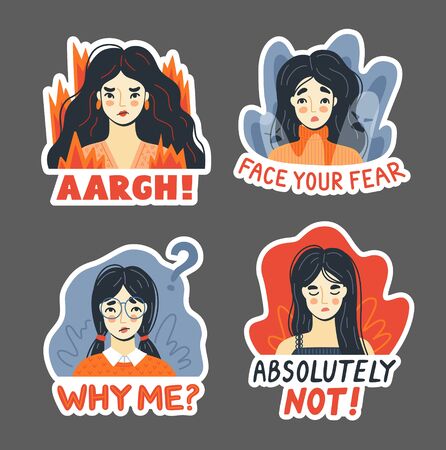 Anger, rage, fear, irritation, rejection concept. Set of portrais of furious refusal women. Young girls expressing negative emotions. Flat cartoon vector illustration.のイラスト素材