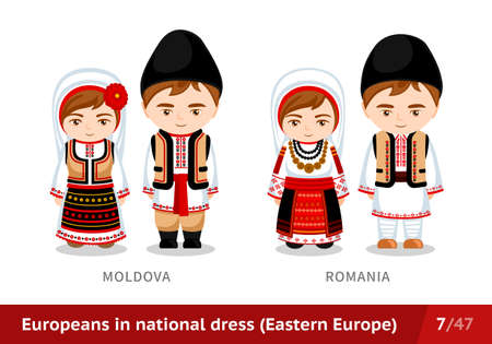 Moldova, Romania. Men and women in national dress. Set of European people wearing ethnic clothing. Cartoon characters in traditional costume. Eastern Europe.のイラスト素材