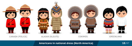 Canadian police, Alaska, aleuts, eskimos, Greenland. Men and women in national dress. Set of people wearing ethnic clothing. Cartoon characters. North America.のイラスト素材