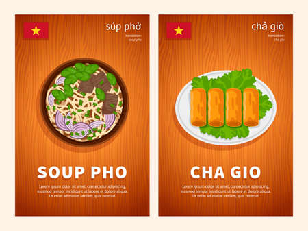 Vietnamese cuisine, traditional asian food, national dishes of Vietnam on a wooden table. Soup Pho, Cha Gio rolls. Template for vertical web banner, menu. Top view. Flat vector illustration.のイラスト素材