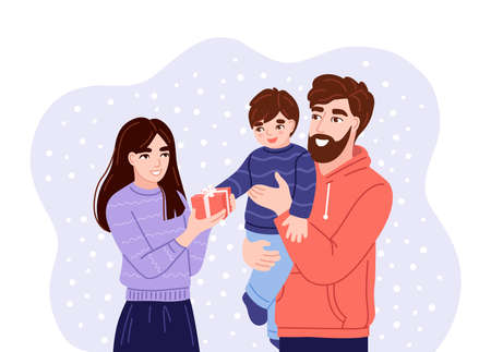 Young parents presenting christmas gift to little son. Happy father holding son in his arms. Family members wish each other merry christmas. Flat hand-drawn characters. Vector illustration.のイラスト素材