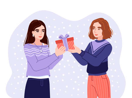 Two young women exchanging gifts. Friends presenting gifts and wish each other merry christmas. Flat hand-drawn characters.のイラスト素材