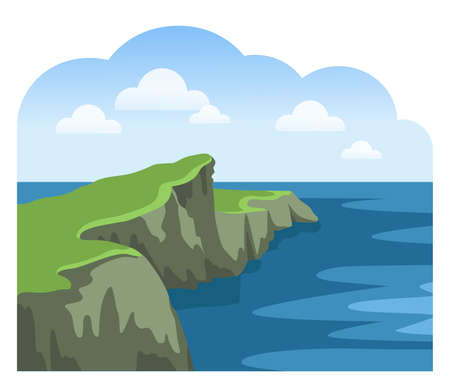 Coastal cliffs. Ocean scenic view. Irish landscape. Colorful panoramic scenery. Flat vector illustration.のイラスト素材