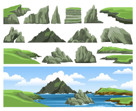 Set of sea landscape elements. Mountains, rocks, cliffs, stones and blue sky with clouds. Colorful panoramic scenery. Ocean scenic view. Flat vector illustration.のイラスト素材