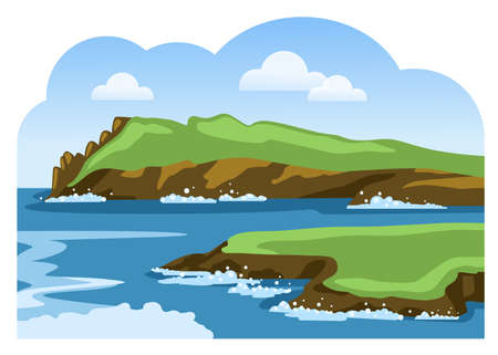 Rocky coastline with sea foam. Sea landscape. Sea scenic view. Colorful vector illustration.のイラスト素材