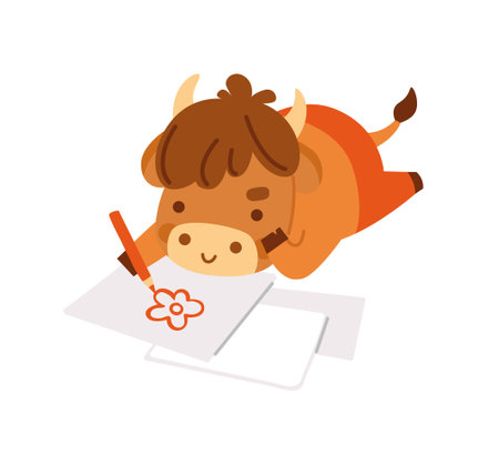 Cute ox drawing a picture, lying on its stomach. Little cow. Kawaii bull. 2021 zodiac sign. Vector illustration. Cartoon character.のイラスト素材