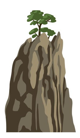 Realistic mountain with a tree on top. Rocky chinese mountain for asian landscape. Vector isolated illustration.のイラスト素材